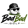 Golf ball with sunglasses and cap, featuring 'Bad Bad Golf' text on a transparent background
